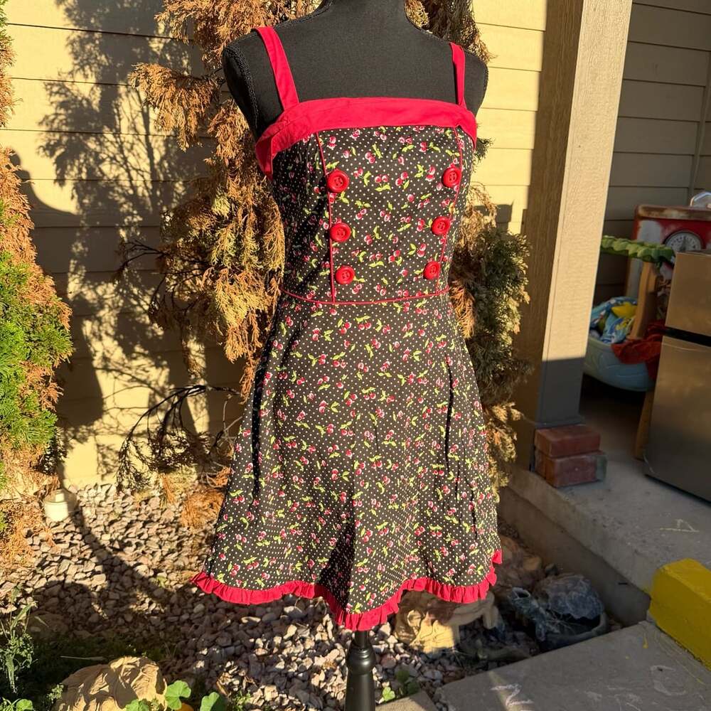 True Love Cherry Print Dress Size M Black Polka Dot Rockabilly